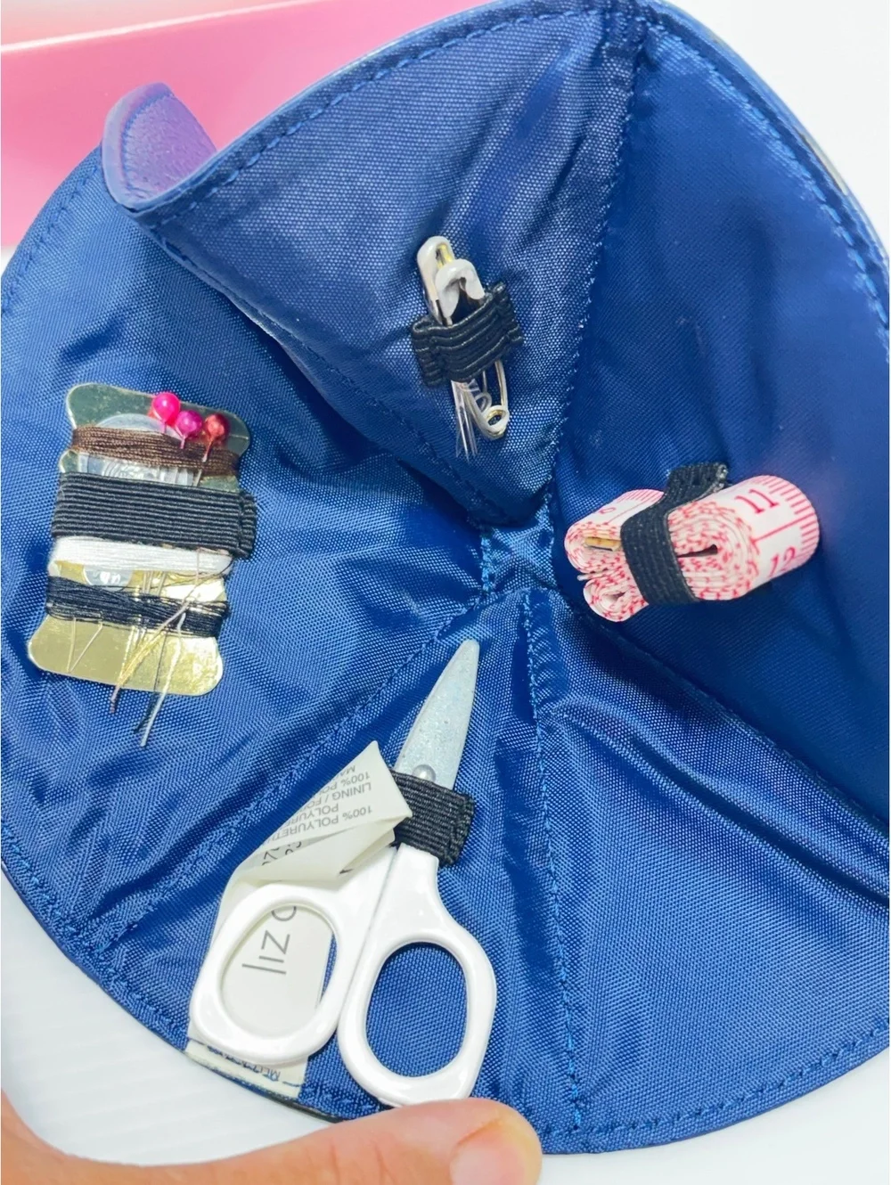 Liz Claiborne Compact Navy Blue Sewing Kit with Scissors, Tape Measure, and Pins